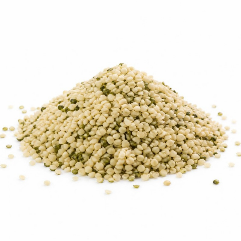 Corazones de Hemp (semillas de cáñamo descascaradas) - montaña de semillas sobre fondo blanco