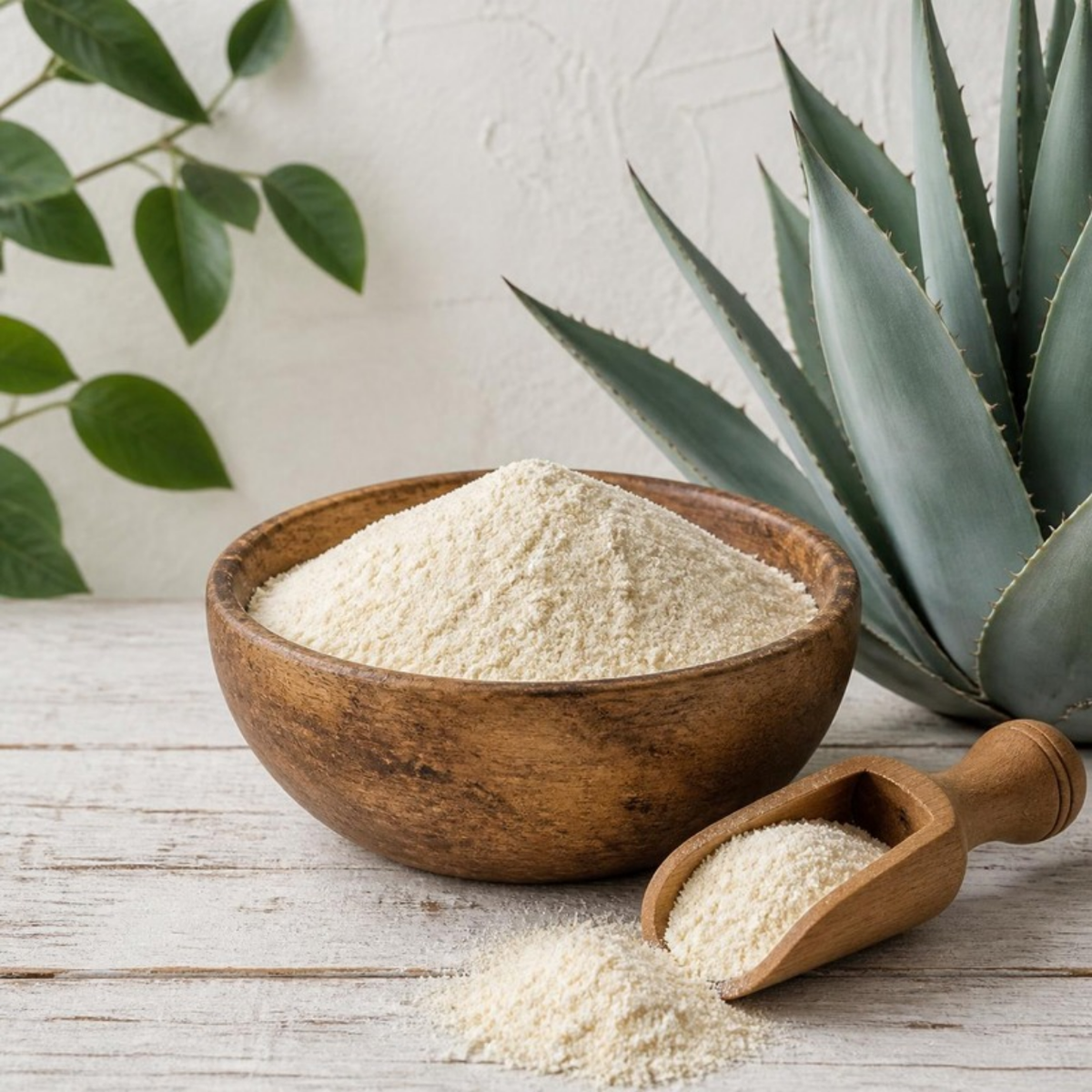 Inulina de Agave Orgánica a granel - polvo fino beige en tazón de madera con agave
